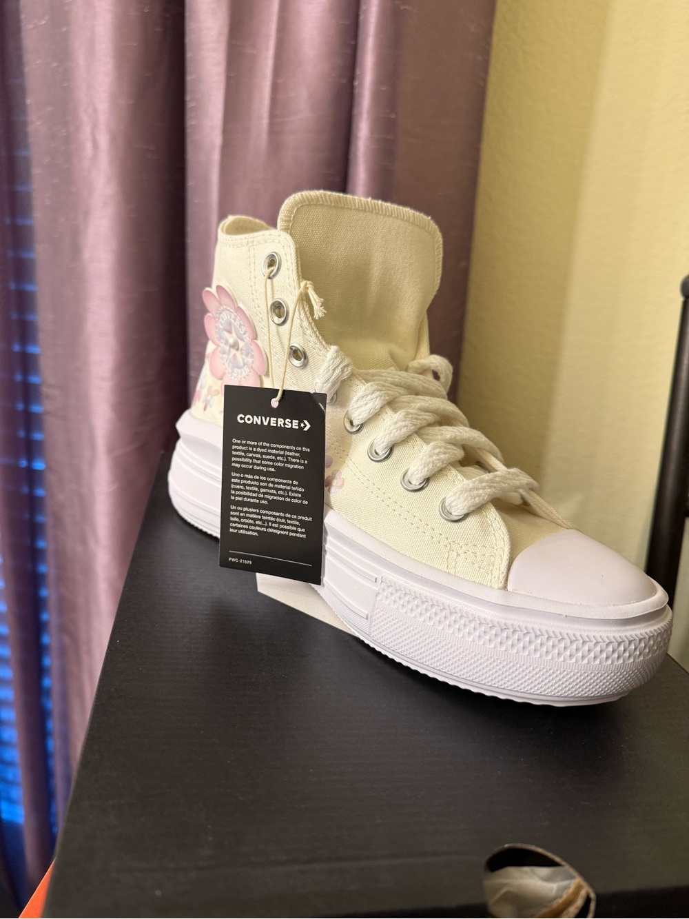 Converse Cream High-Top Sneakers with Pink/lilac Floral Patch